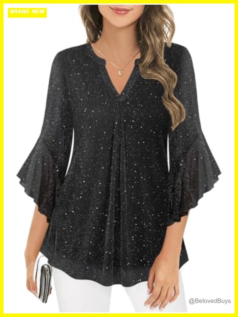 Sparkly Sequin Blouse 3/4 Bell Sleeve V-Neck Tunic Top for Evening Party